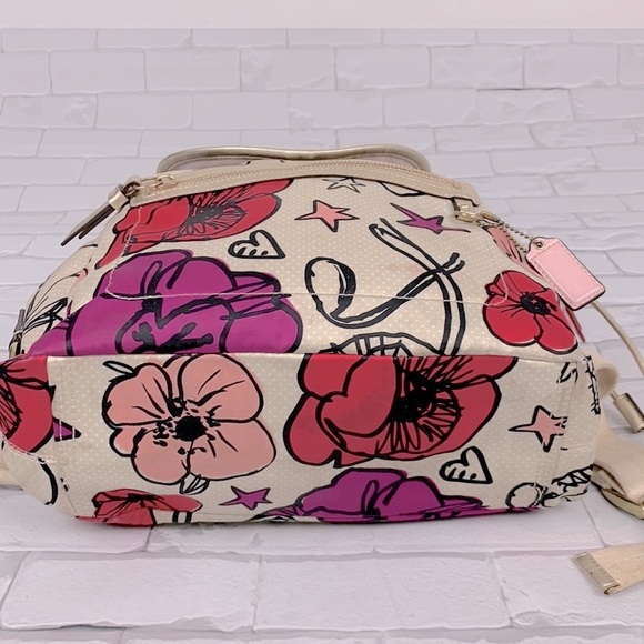 Coach Poppy Floral Fabric backpack Gold pink Medium Drawstring Adjustable Rare - Picture 16 of 17